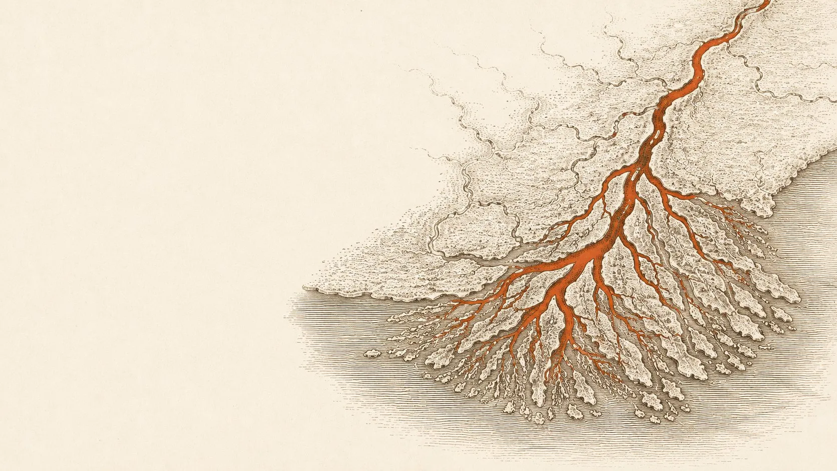 Aerial cartographic view of a river delta branching into the sea, the main channel and tributaries rendered in terracotta.