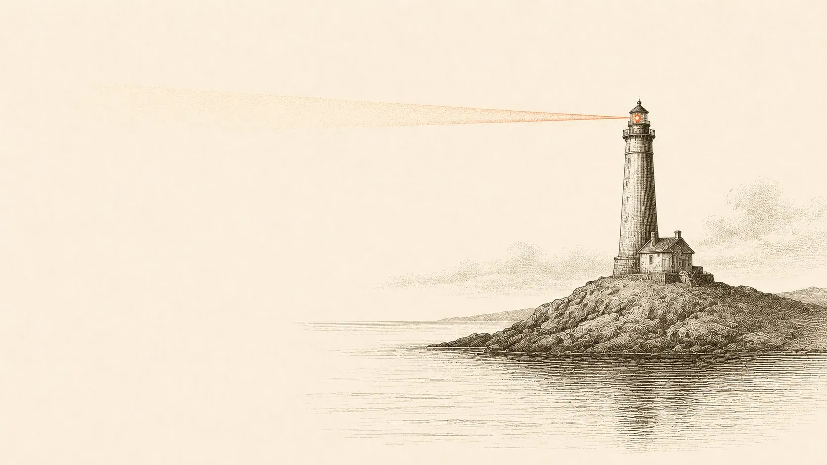 A coastal lighthouse on a small rocky outcrop, a faint terracotta beam reaching across calm water.