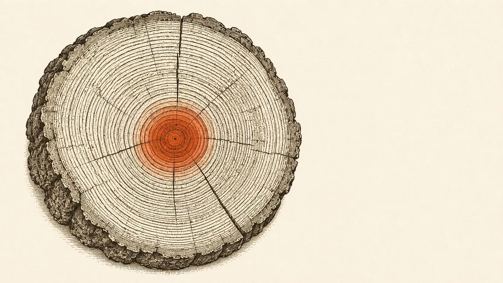 Cross-section of a tree trunk showing concentric growth rings, the innermost heartwood rendered in terracotta.