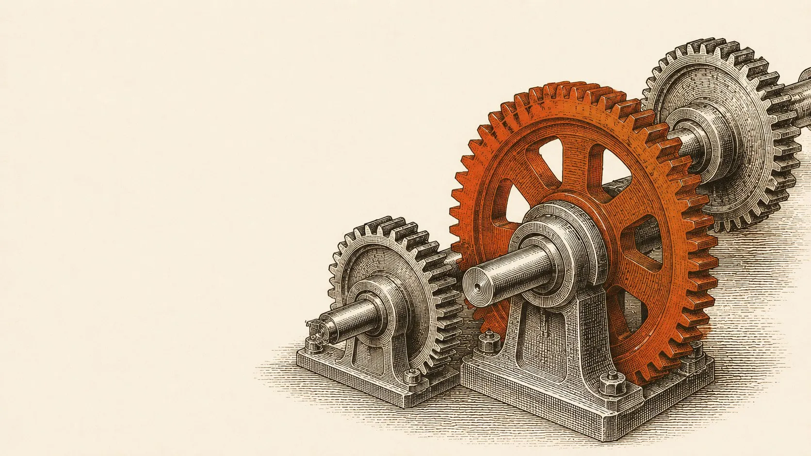 Three interlocking mechanical gears in mesh, the central drive gear rendered in terracotta.