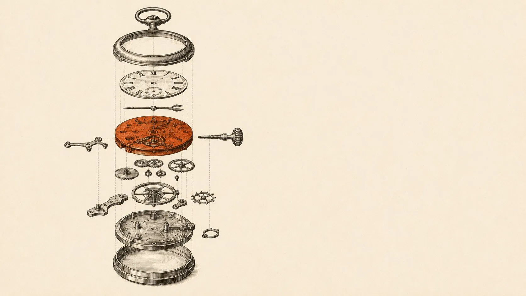 Exploded technical drawing of a pocket watch with parts suspended along a vertical axis, the movement plate rendered in terracotta.