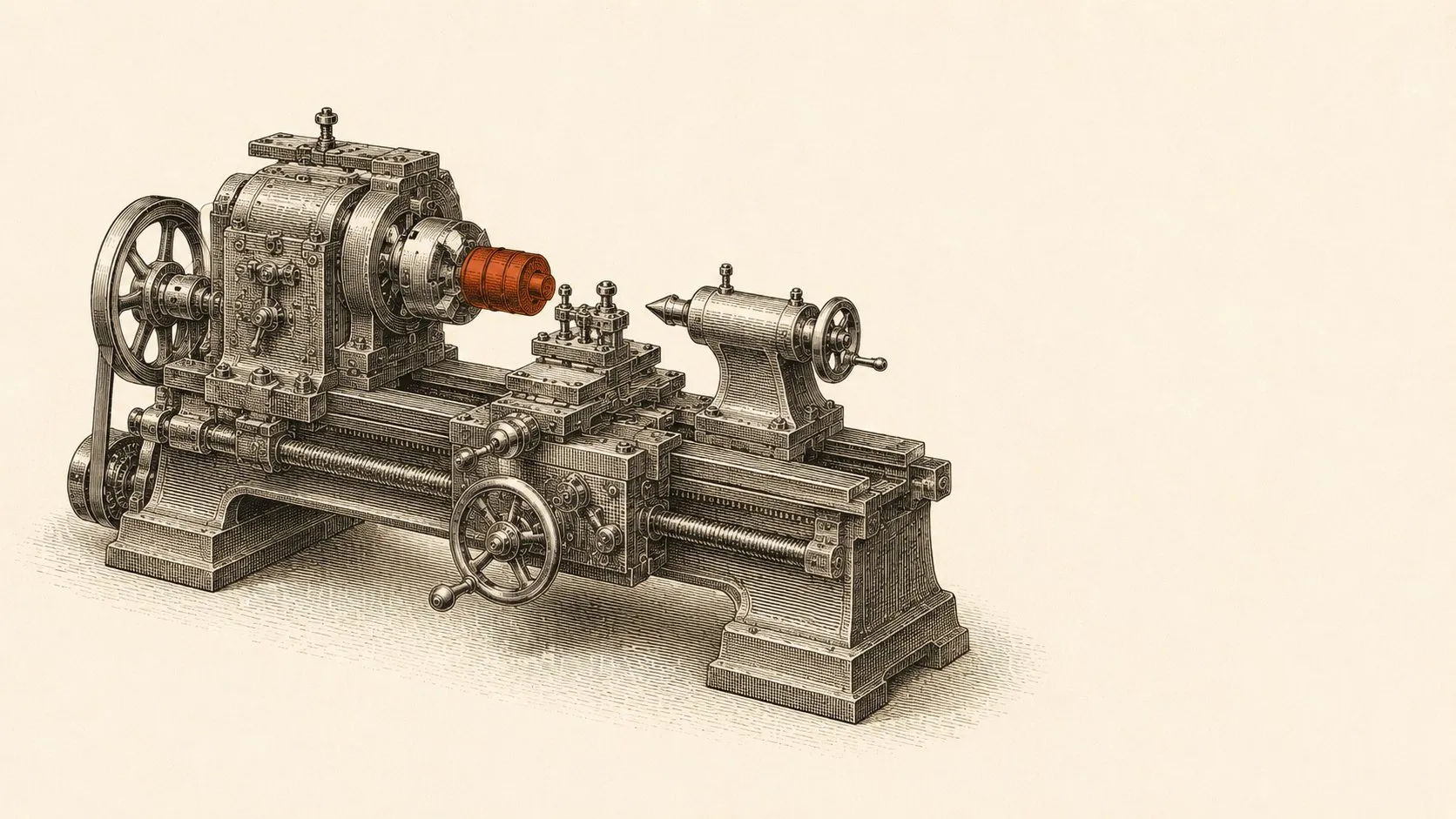 Engraved illustration of a small workshop lathe with a terracotta work-piece mounted in the chuck.
